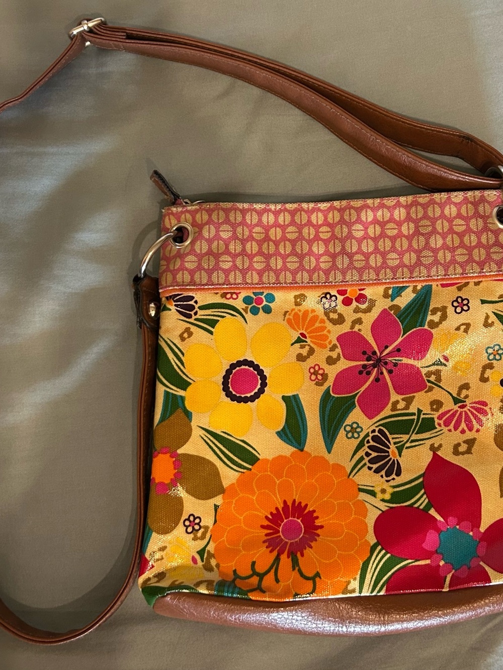 Floral Multicolor Crossbody Bag - Brown Trim